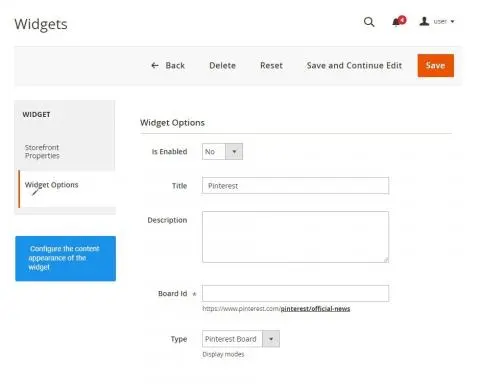 options in pinterest extension