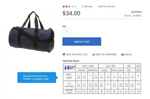 Product Page Size Chart block on a Product Page