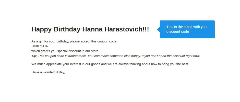 email in birthday discount extension