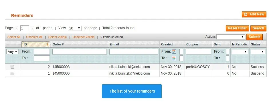 Find the table with the processing reminders