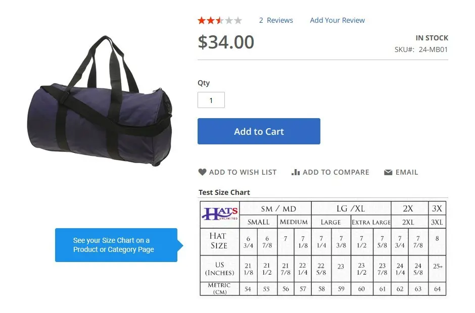 Product Page Size Chart block on a Product Page