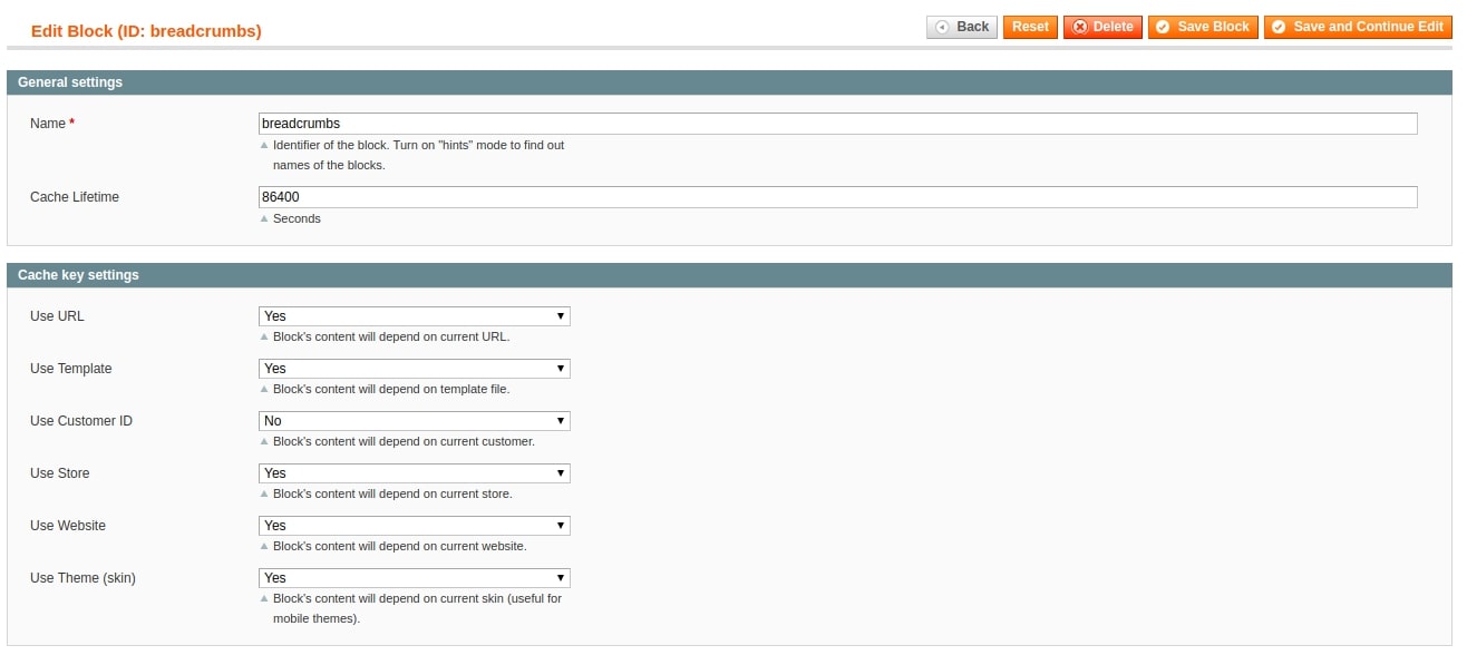 Configuration for each caching block